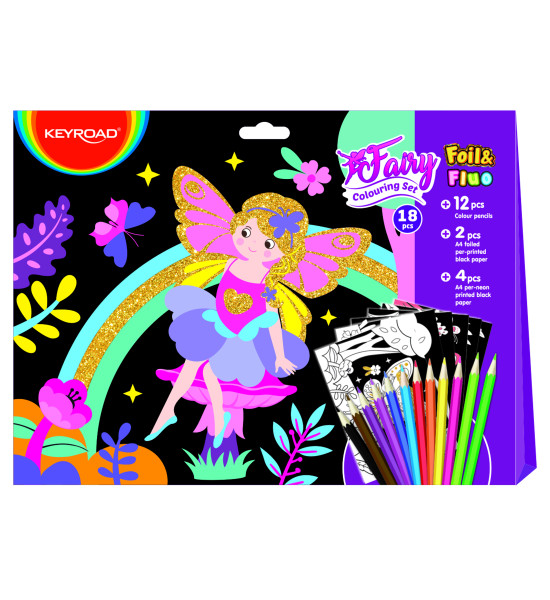 Coloring Set, Foil & Fluo, Fairy, (12x Lapices de Color + 2x Hojas Negras Foil A4 + 4x Hojas Negras Fluo), Set